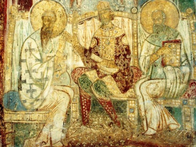 фреска Святые Кирилл и Афанасий учат царя