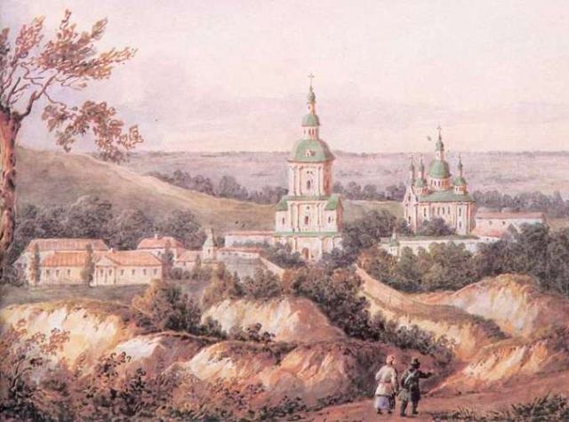 Кирилловский монастырь возле села Куреневка (Ф. Солнцев, акварель, 1843 год)